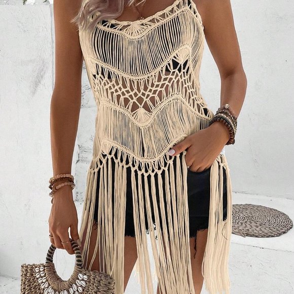 Apricot Boho Womens Hollow Out Fringe Hem Crochet Cover Up - Picture 4 of 5